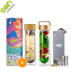 No Minimum <strong>Personalized</strong> GA6010 Reusable 450ml Borosilicate Fruit Infusing Double Wall Glass <strong>Water</strong> <strong>Bottles</strong> With Bamboo Lid - Product Image 2
