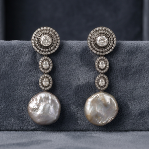 Luxury Baroque Mother Pearl Drop Earrings Natural Polki Diamond CZ Long Dangle Minimalist 925 Silver Rhodium Wedding Party Gift - Product Image 5