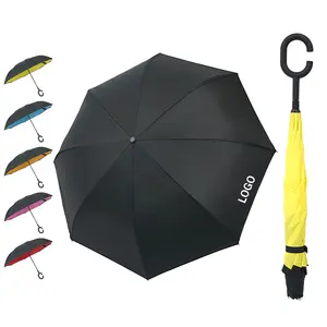 2024 Custom Paraplu Binnenstebuiten C Vorm Handvat Draagbare Hoge Kwaliteit Auto Omgekeerde Paraplu Met Logo Afdrukken