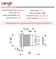 Interrupteur à bouton-poussoir à verrouillage LED 16 mm 19 mm IP67/IP65 en métal pour CUL CE RoHS pour usage industriel et domestique