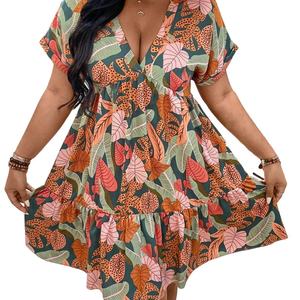 Women's Plus Size V-Neck A-Line Short <b>Dress</b> Casual Elegant Sexy Mini Cotton Short <b>Sleeves</b> <b>With</b> Ruffled Hem <b>Summer</b> - Product Image 2