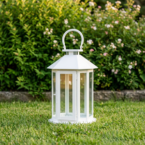 Lanterne porte-bougie hexagonale en métal blanc en gros pour la décoration de la maison, du jardin et des mariages - Product Image 1
