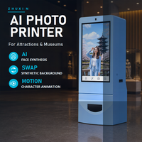 Kiosque d'impression photo IA avec synthèse faciale, changement de fond, animation de personnages, écran tactile et service en libre-service pour musées et attractions