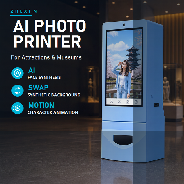 AI Photo Booth Printer Kiosk Face Synthesis Background Swap Character Animation Touch Screen Self Service for Museum Attraction