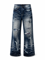 Jean pour homme vintage délavé en denim tricoté, taille mi-haute, micro-évasé, style punk, déchiré, avec patchs à carreaux, clous en strass, streetwear grunge
