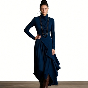 Vestido largo maxi de cuello alto para mujer, de manga larga, con volantes asimétricos, ajustado al cuerpo, a la moda - Product Image 4