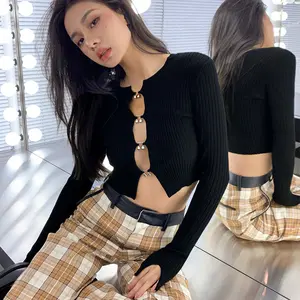 Casual Ladies Long Sleeve crop top Placket Hollow Knit Cropped High Waist Knit Sweater Women's Spring Summer Single Breasted
