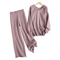 Ensemble pull et pantalon large en maille unie décontracté pour femme – Nouvelle version coréenne tendance automne-hiver – Ensemble deux pièces classique