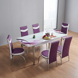 Modern 6 Piece <b>Wood</b> <b>Dining</b> Room Set with Tempered Glass <b>Table</b> and Purple Chairs <b>Extendable</b> Design for Home Use - Product Image 1
