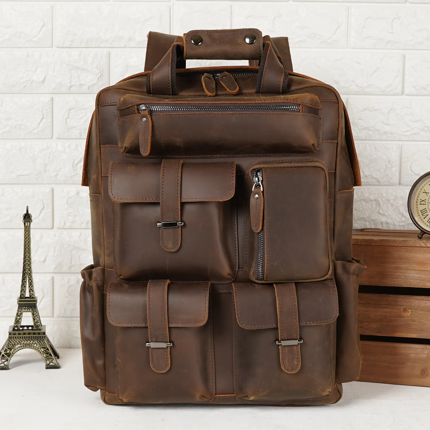 Large Capacity Vintage Leather Bag 15.6 Inch Laptop Backpack Leather Men's Traveling Backpack Bag