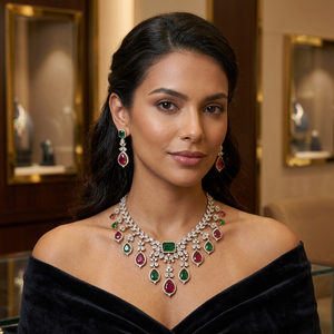 Brass CZ Emerald <b>Ruby</b> Bridal <b>Necklace</b> and Earring Set Classic Style Rhodium Plated Wedding Gift Jewelry for Women & Children - Product Image 1
