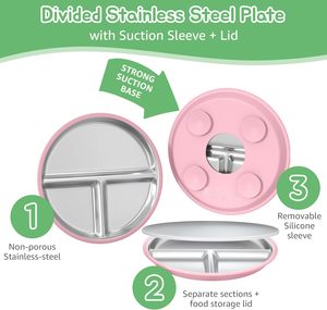Assiettes à ventouse pour bébé en acier inoxydable avec couvercle en silicone amovible, bol en métal divisé pour enfants - Product Image 5