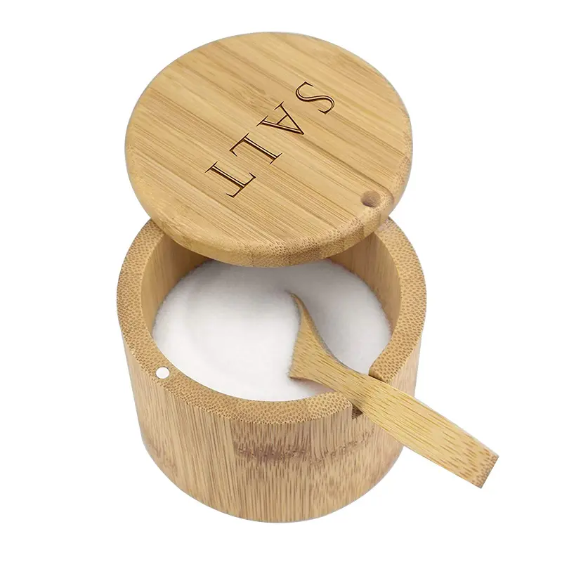 2022 Laser Customized Wood Salt Cellar Bamboo Salt Box With Spoon