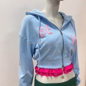 Custom Heavy Cotton Thick French Terry Zipper Hoodies Applique Patch Embroidery Green <b>Zip</b> <b>up</b> Top Lace <b>Cropped</b> Hoodies for Women - Product Image 1