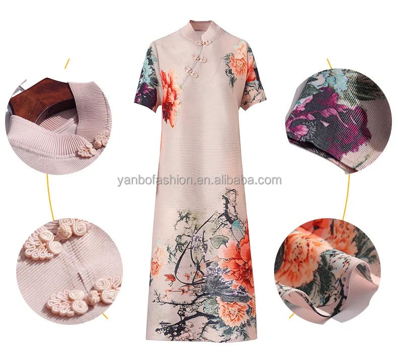 Hot selling Pleated Dress peony pattern inclined placket buckle design Chinese style dress