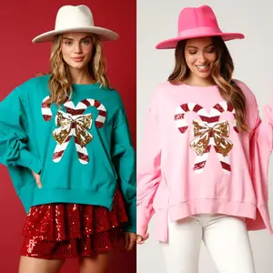 Christmas Sweatshirts Candy Cane Crewneck Side Slit Oversized Sequin Patch Embroidered Western Bow Knot Sweatshirt