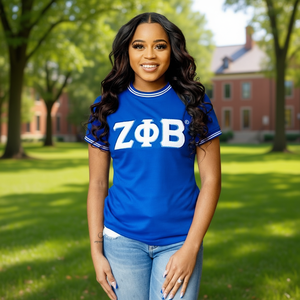 Camiseta para Mujer Zeta Phi Beta, Azul con Rayas Blancas, Bordado de Chenille, Algodón, Ropa Universitaria de la Hermandad - Product Image 2