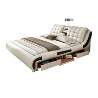 Lit multifonctionnel en cuir véritable de 1,8 m, lit double rembourré avec rangement et fonction massage pour chambre à coucher, vente en gros