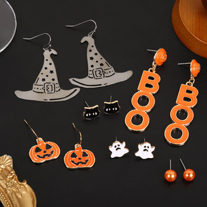 Ensemble de boucles d'oreilles Halloween en alliage, clous d'oreilles citrouille, fantôme, chapeau de sorcière, bijoux de fête pour femme, été 2024 - Product Image 4