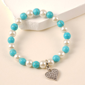 Bracelet perlé en perles et turquoise, pendentif en forme de cœur, bracelet élastique, bijoux pour femmes, cadeau - Product Image 3