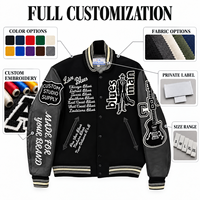 Blouson Bomber Varsity Noir Personnalisé pour Hommes, Thème Musical, Patchs Appliqués en Chenille, Manches en Cuir pour Marques Européennes de Vêtements Masculins