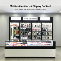 Ensemble complet de mobilier de présentation pour boutique numérique, avec enseigne LED de marque, présentoir mural à crochets, comptoir îlot en verre verrouillable pour étuis de téléphone portable