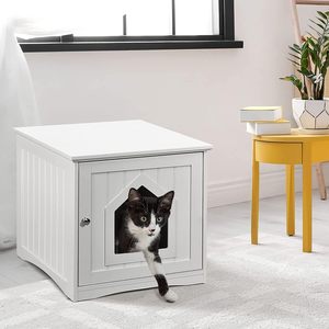 Meuble pour litière de chat - Armoire carrée couverte avec banc, mobilier dissimulé pour chat avec entrée basse - Product Image 3