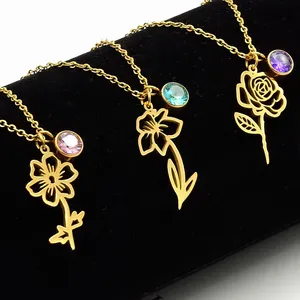 Birth Month Flower Pendant Rose Flower Charm Set Stainless Steel