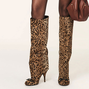 Size 44 <b>Leopard</b> Print Round Toe Women's Knee High <b>Boots</b> Metal Buckles High Heels Long Bow <b>Boots</b> on Custom Shoes - Product Image 2