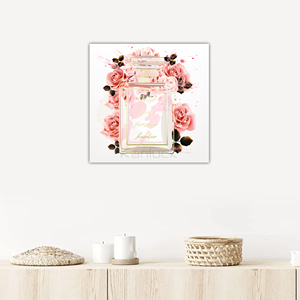 Chai nước hoa thanh lịch được bao quanh bởi màu hồng tươi tốt Hoa hồng vải nghệ thuật in trên Vải vẽ tranh nghệ thuật - Product Image 1