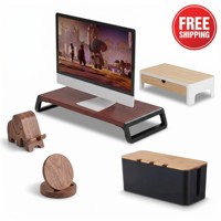 Elegante Soporte de Bambú para Computadora de Escritorio - Conjunto de Accesorios Modernos para Muebles de Oficina con Caja para Cables