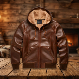 Chaqueta con Capucha de Cuero Genuino Marrón para Hombre, Forro de Sherpa, Cierre de Cremallera, Impermeable, Transpirable, Reversible, Estilo Motero de Invierno - Product Image 4
