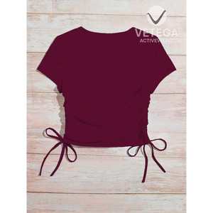 Camiseta Corta de Manga Corta Bordeaux con Cordón Lateral, Tejido Elástico de Punto, Cuello Redondo, Informal, Ajustada, Estampada para Hombre - Product Image 3