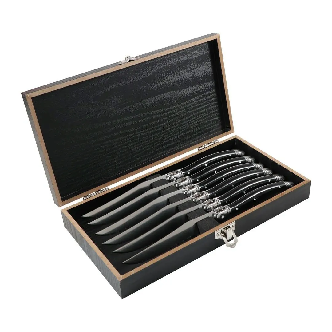 Hot Selling 6pcs Laguiole Flying Colors Steak Knife Wood Box Mabled Handle Cutlery Set