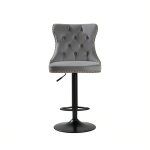 Tabouret de bar en velours gris capitonné, hauteur réglable de 25 à 33 pouces, base ronde moderne, structure en métal, mobilier de bar pour la maison - Product Image 1