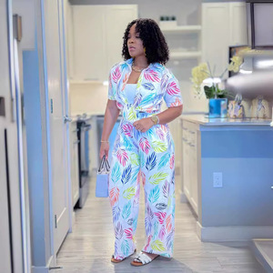 Ensemble de mode pour femmes d'été, 2 pièces, chemise à manches courtes à imprimé feuilles et pantalon, ensemble deux pièces tendance - Product Image 5