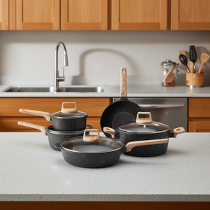 Juego de ollas y sartenes antiadherentes de granito para inducción, 17 piezas, color negro, de aluminio, utensilios de cocina modernos D0100XU6IHG - Product Image 2