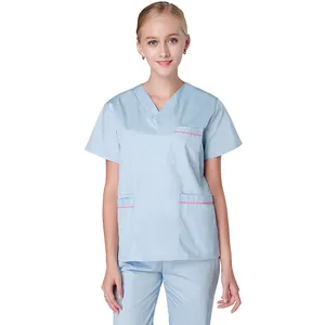 Uniformes de cirurgia popeline com decote em V mangas curtas uniformes veterinários de enfermagem e cuidados de saúde conjuntos de uniformes hospitalares médicos
