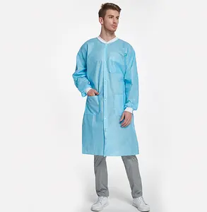 SJ Fabricage Leverancier Groothandel Goedkope Niet-Geweven Medische Wegwerp Sms Lab Coat Met Gebreide Manchetten En Kraag