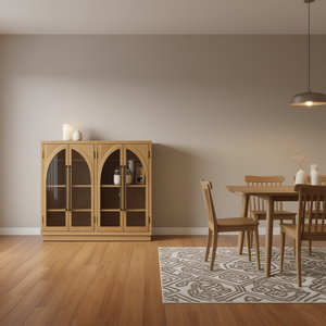 Aparador grande de 4 puertas con estantes ajustables y puertas de vidrio de madera natural para cocina, comedor o sala de estar - Product Image 2