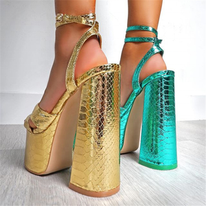 Sandales à talons hauts à imprimé serpent, couleur vive, tendance printemps-été 2022, avec bride à boucle, plateforme et talons épais, chaussures pour femmes - Product Image 3