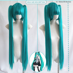 Perruque complète universelle <span class=keywords><strong>Hatsune</strong></span> Anime <span class=keywords><strong>Cosplay</strong></span>, 40 pouces, bleue, réglable, lisse et ondulée, double queue de cheval, vente en gros pour Halloween - Product Image 3