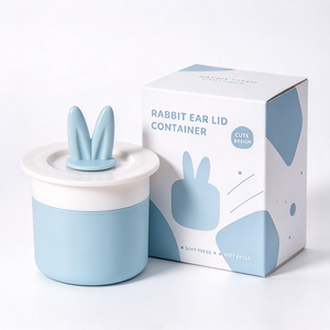 Distributeur de mousse pour nettoyage du visage, design mignon avec couvercle en forme d'oreilles de lapin, bleu et blanc - Product Image 1
