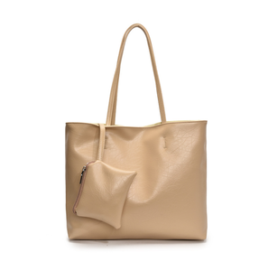 Sac fourre-tout décontracté beige grande capacité en similicuir avec pochette pour le shopping quotidien et les voyages - Product Image 1