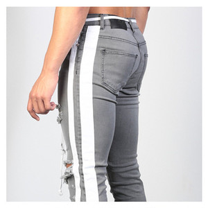 Envío gratuito Moda Streetwear hombres Jeans gris Skinny <span class=keywords><strong>Hombre</strong></span> rasgado <span class=keywords><strong>pantalones</strong></span> vaqueros con cinta lateral Homme Hip Hop - Product Image 6