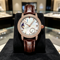 Montre mécanique automatique pour femme avec phases de lune, lunette sertie de diamants, bracelet en cuir, montre de luxe pour femme