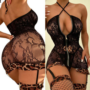 豹纹领结拉链网眼性感服装女性性感内衣网眼紧身衣带丝袜 - Product Image 1