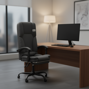 Chaise de bureau de massage Monitaco en cuir PU gris, chaise pivotante de direction avec accoudoirs fixes et base en métal - Product Image 2