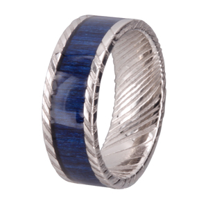 Bague en acier de Damas plaqué noir avec incrustation de bois et d'<span class=keywords><strong>opale</strong></span> concassée, alliance unique pour homme, bijoux de mariage faits à la main - Product Image 1