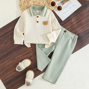 Ensemble haut côtelé à revers colorblock et pantalon uni pour bébé et tout-petit, style Preppy Bear, vêtements pour enfants multicolores, directement de l'usine, faible MOQ - Product Image 3